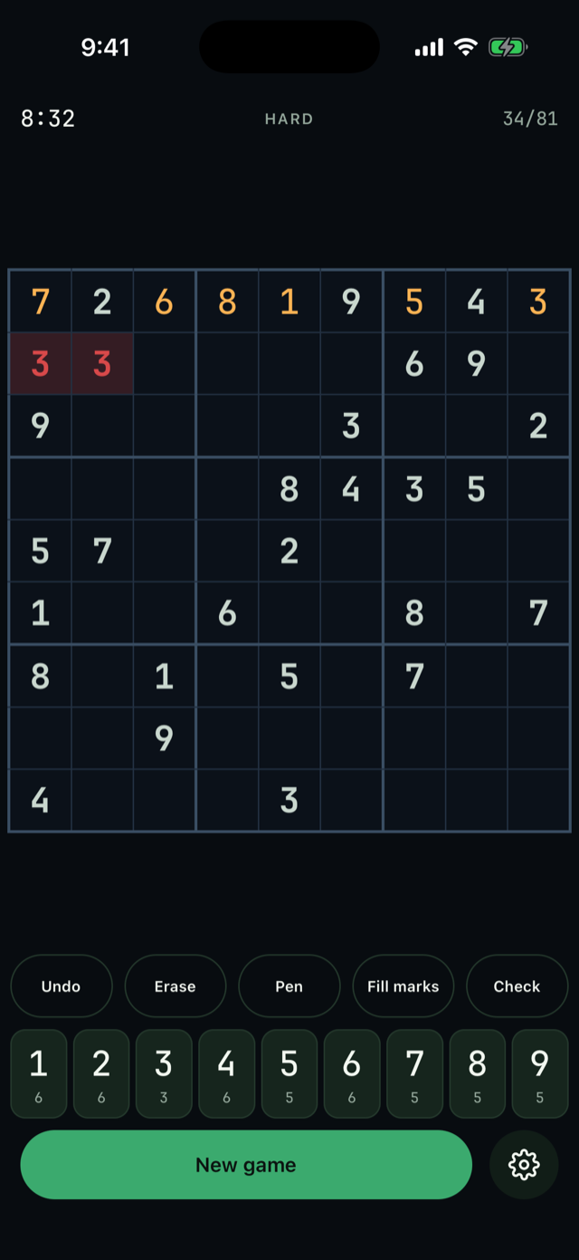 The Night board flagging a conflict: a repeated digit washed red while the givens stay calm
