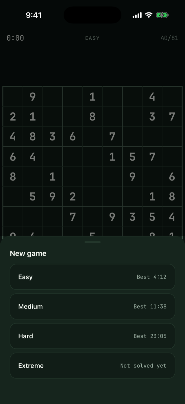 The new game sheet listing Easy through Extreme with a best time beside each solved difficulty