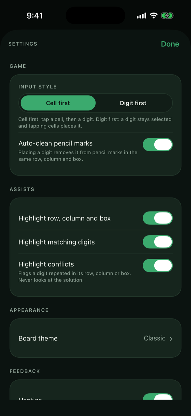 The settings screen with input style, auto-clean, and the three highlight assists